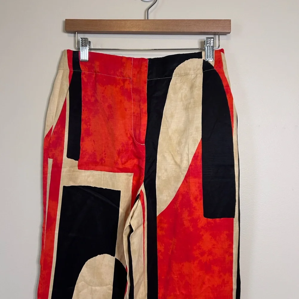 Zara Retro Colorblock Red Black Linen Blend High Waisted Wide Leg Pants Size XS
